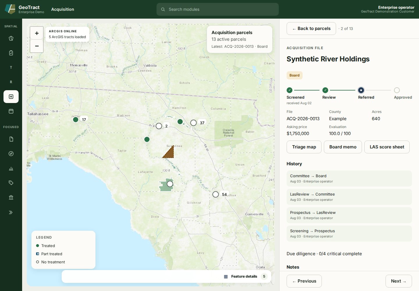 A synthetic acquisition file at Board stage with evaluation, generated-document actions, history, diligence, notes, and attachments.