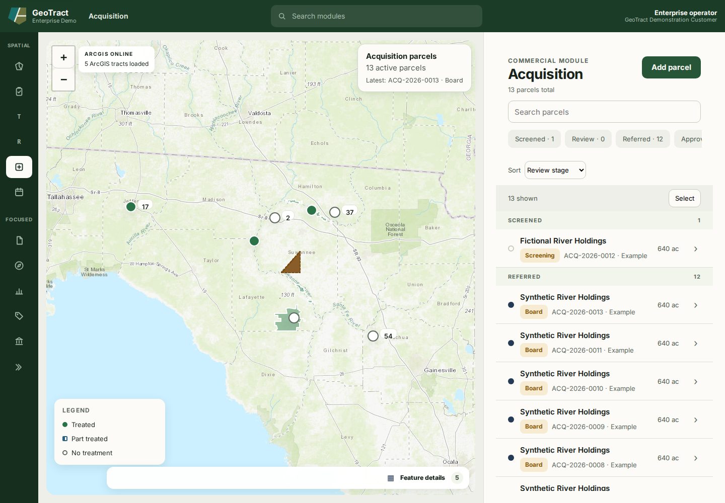 The Acquisition workspace showing synthetic parcel files grouped by review stage.