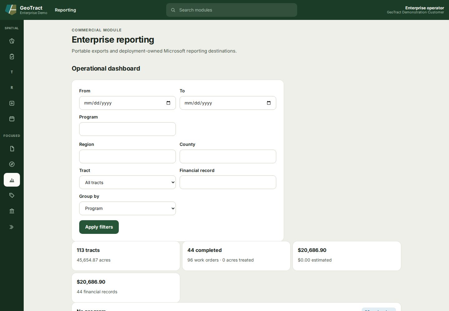 The operational dashboard with reproducible filters and summary measures.